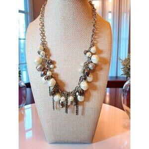 NY Designer Necklace Faux Pearls & Mixed Beads, Layered Dangle, 13” Drop